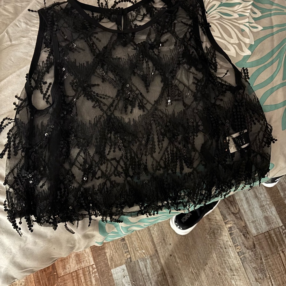 SHEIN Black Sequin Mesh Blouse